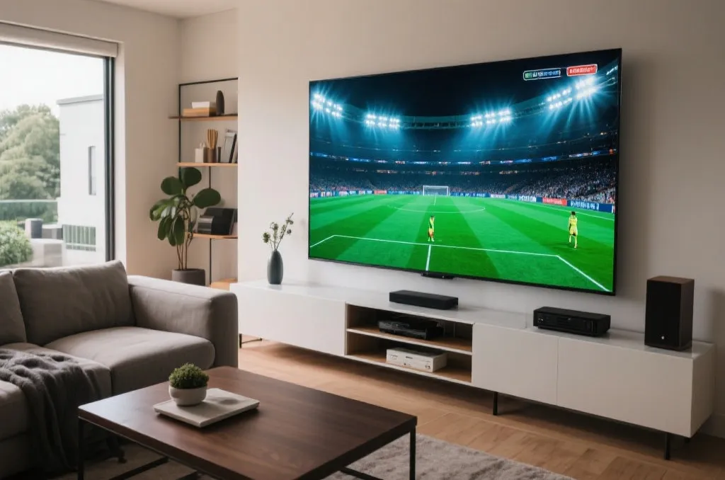 A modern home entertainment setup with a large television showing a live soccer match, bright stadium lights on the screen